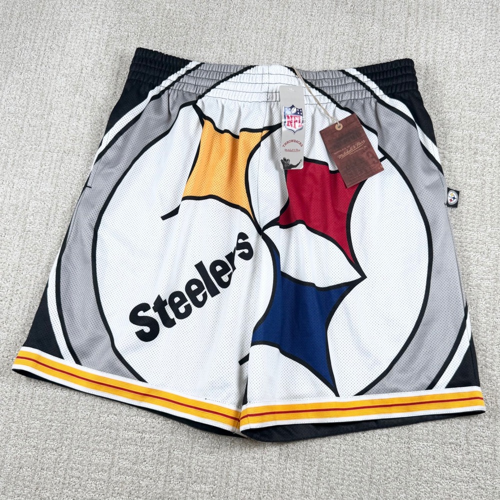 NEW Mitchell & Ness Mens XL Pittsburgh Steelers 9" NFL Big Face Mesh Shorts